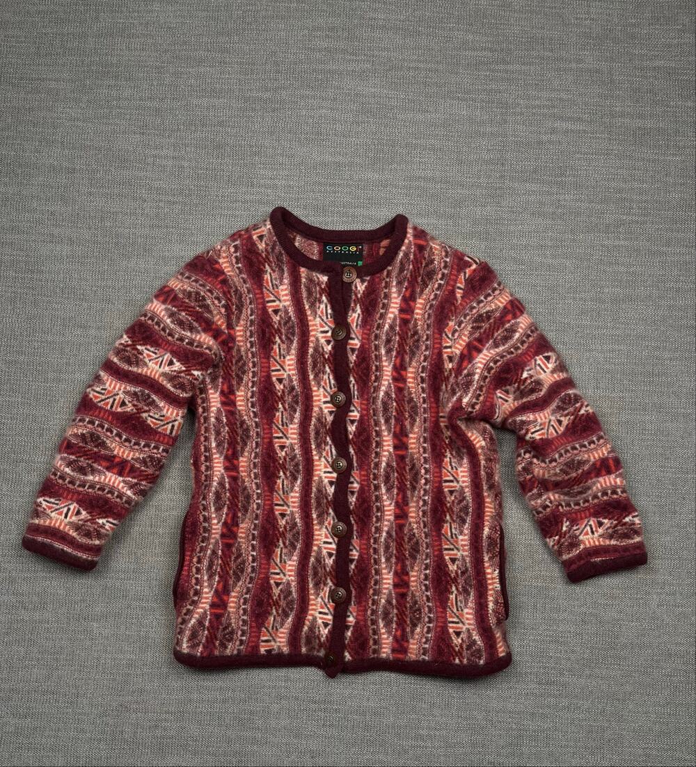 VTG COOGI Australia Cardigan Womens Small Burgundy 3D Geometric Knit Cashmere